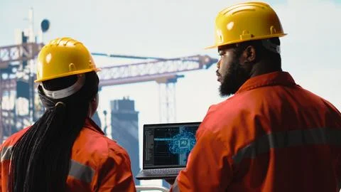 Offshore platform crew using artificial intelligence program on laptop Stock Photos
