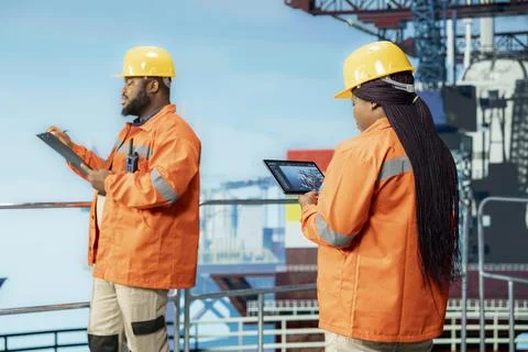 Offshore platform employee uses performance management software Stock Photos