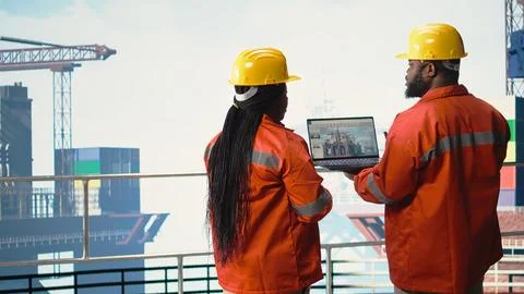 Offshore platform employees use management software to observe operations Stock Photos