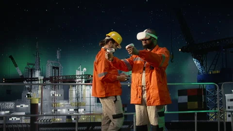 Offshore platform engineer uses virtual reality to overcome oil crisis Stock Footage 336196858