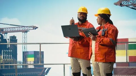 Offshore platform engineering team testing safety systems Stock Photos