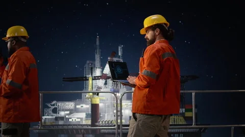 Offshore platform engineering team uses AI on laptop monitoring operations Stock Footage 336198104