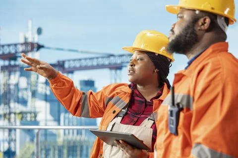 Offshore platform engineering team using monitoring program to track emissions Stock Photos
