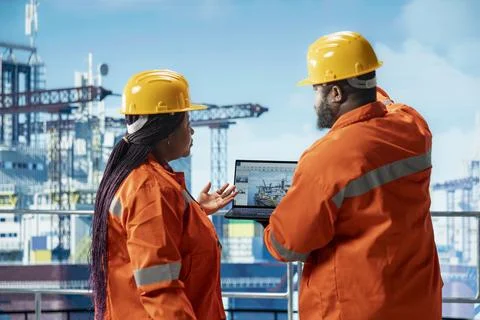 Offshore platform engineers doing brainstorming, using laptop program Stockfoto's