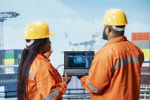 Offshore platform engineers use artificial intelligence software on laptop Stock Photos
