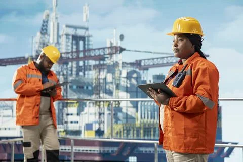 Offshore platform experts using tablet to track carbon footprint Stock Photos
