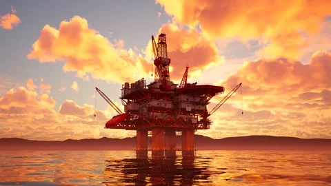 Offshore platform or oil rig in the sea during sunset. Clouds over the calm sea Video stock 202282956
