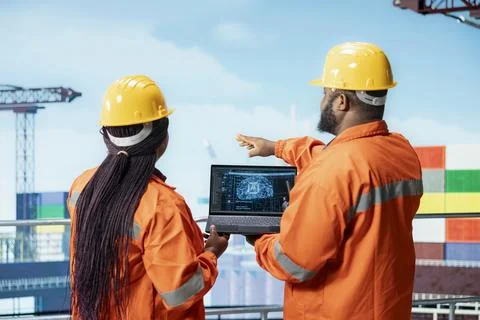 Offshore platform professionals using AI tech on laptop to improve drilling Stock Photos
