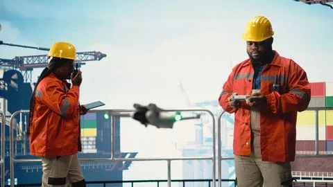 Offshore platform specialist using drone for site inspections, mapping assets Stock Photos