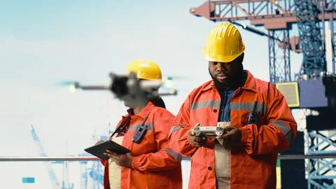 Offshore platform specialist using drone for site inspections, mapping assets Stock Photos