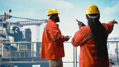 Offshore platform worker speaking in walkie talkie, testing safety system Stock Photos