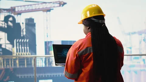 Offshore platform worker using AI LLM to analyze subsea mapping data Stock Footage 319971178