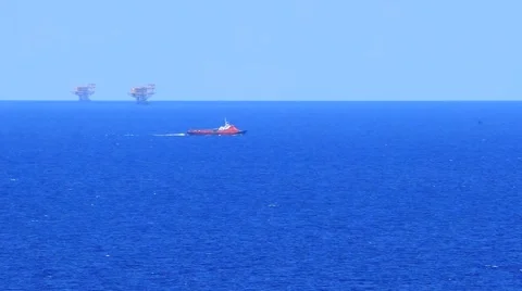 Offshore Production Platform and Crew Boat For Oil and Gas Development Stock Footage 50817538