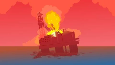 Offshore rig accident in the middle of shea with red big explosion illustration Illustrazione stock