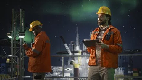 Offshore rig installation manager reviews maritime security incident with tablet Stock Photos