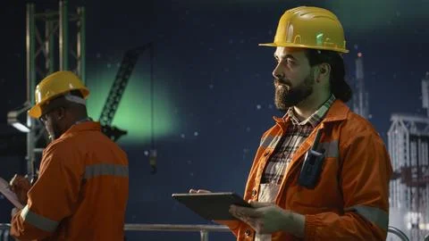 Offshore rig installation manager reviews maritime security incident with tablet Stock Photos