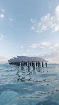Offshore solar farm generating renewable energy in the ocean. 3d render Stock Illustration