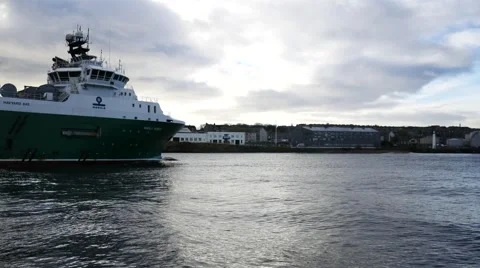 Offshore supply boat floating in the North sea close to Aberdeen, Scotland Stock Footage 57679573