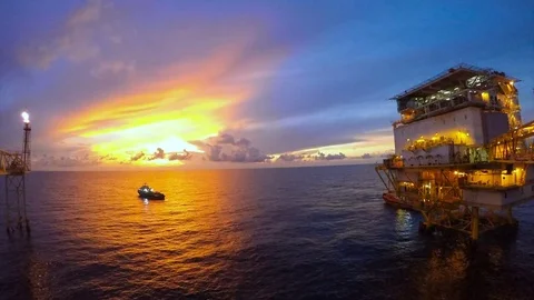 Offshore timelapse sunrise with crew boat pick up passenger Stock Footage 80482357