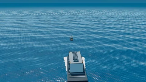 Offshore topside module transport aerial clear azure sea wake loop Stock Footage 343894334