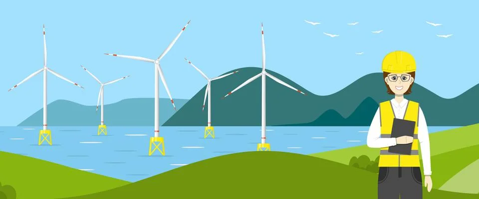 Offshore wind farm and an engineer. Banner. Stock-Illustration
