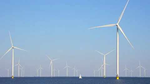 Offshore wind farm with many wind mills, the Netherlands, with sailboat Stock Footage 253751989