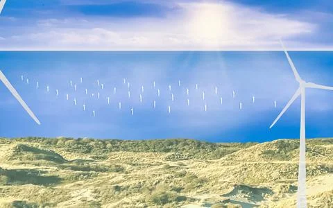 Offshore wind farm power generation with turbines in the sea and coastal du.. Stock Photos
