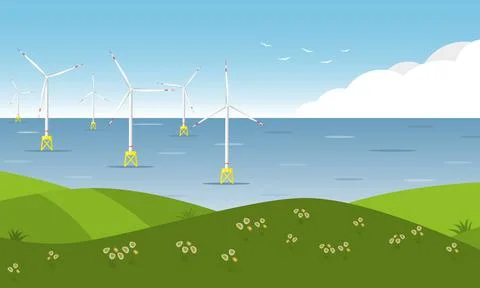 Offshore wind farm. Sea wind turbines. Stock Illustration