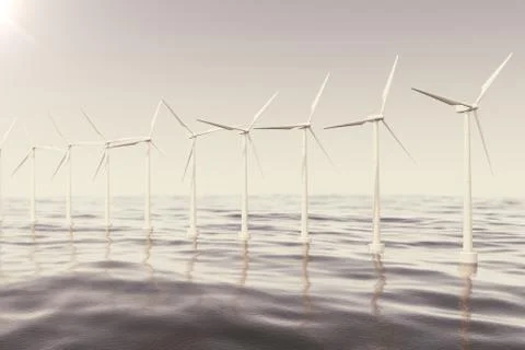Offshore wind farm turbines caught in sunset sky. Beautiful contrast with the Stock Illustration