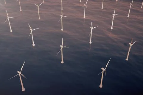 Offshore wind farm turbines caught in sunset sky. Beautiful contrast with the Stock Illustration
