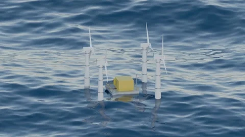 Offshore wind farm turbines rotating over the ocean Stockbeeldmateriaal 340630484
