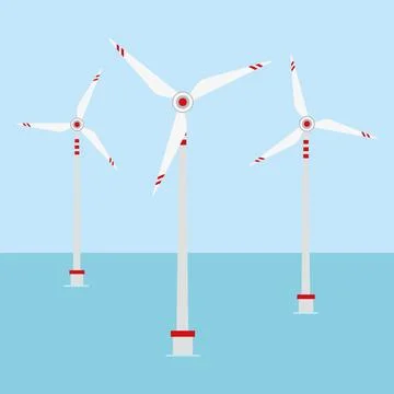 Offshore wind farm, vector illustration of windmill park at sea. Ilustración de archivo