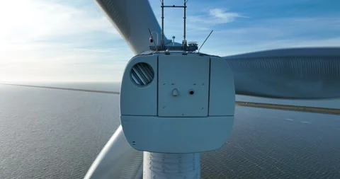 Offshore wind park, close up view of a large wind turbine on open water 스톡 동영상 302722220