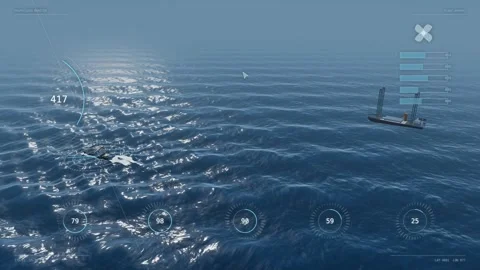 Offshore wind support vessel and jackup rig aerial cold front wide aerial lo Stock Footage 343620541
