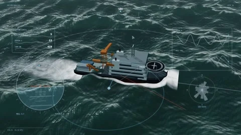 Offshore wind support vessel storm aerial motion stability hud overlay loop Video stock 343509809