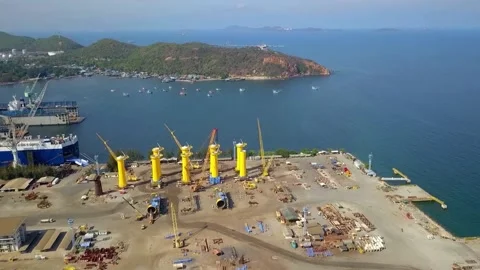 Offshore Wind Turbine Construction Site Aerial View Stock Footage 310379663