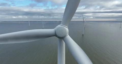 Offshore wind turbine wind park. Aerial drone view. Stock Footage 257615050