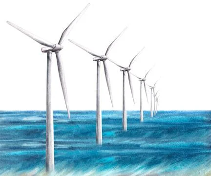 Offshore Wind turbine, windmill power Watercolor hand drawn illustration Wind イラスト素材