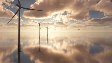 Offshore wind turbines farm on the ocean. Sustainable energy production, clean Stock Footage 242270041