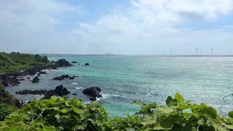 Offshore wind turbines generating clean energy in jeju island Stock Footage 343067110