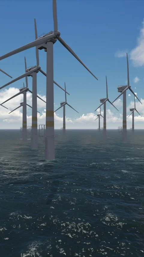Offshore wind turbines generating renewable clean energy Stock Footage 347003392