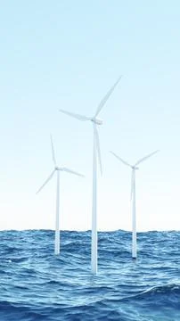 Offshore wind turbines generating renewable energy in the ocean. 3d render Illustrazione stock