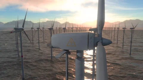 Offshore wind turbines, industrial wind park in the ocean Stock Footage 335893147