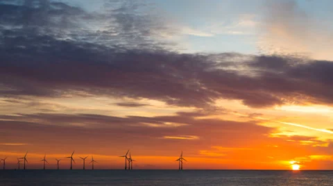 Offshore Wind Turbines producing renewable energy at sunrise in fullHD 1920x1080 Stock Footage 36438284