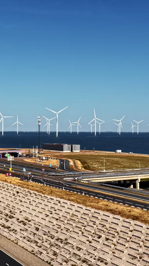 Offshore Wind Turbines Spinning Beyond Coastal Highway and Dike, Breezanddijk Stock Footage 344520155