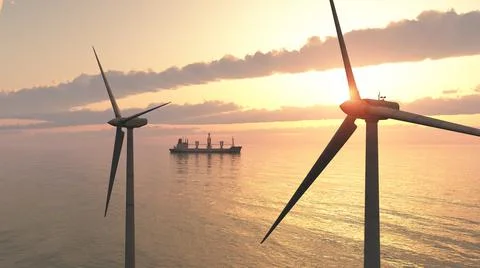 Offshore wind turbines at sunset Stock Illustration