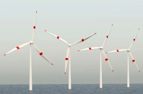 Offshore wind turbines. Wind power generator. A rotating propeller. 3d illust Stock Illustration