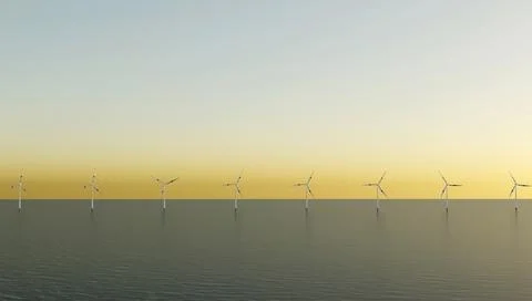 Offshore wind turbines. Wind power generator. A rotating propeller. 3d illust Stock Illustration