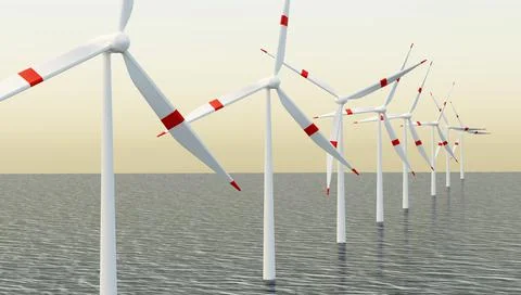 Offshore wind turbines. Wind power generator. A rotating propeller. 3d illust Stock Illustration