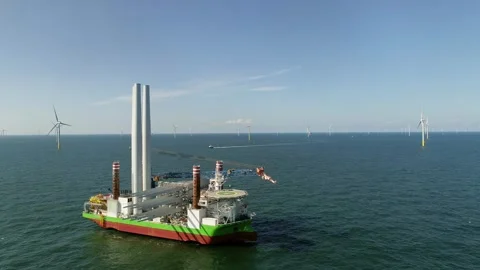 Offshore windfarm construction ship at Dutch part of the North sea Stock Footage 289964406